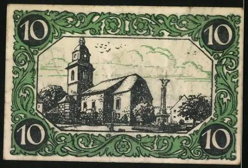 Notgeld Kindelbrück 1920, 10 Pfennig, Kinder spielen auf einer Brücke, Kirche