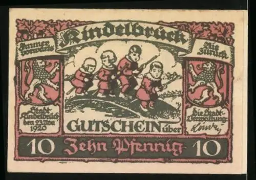 Notgeld Kindelbrück 1920, 10 Pfennig, Kirche mit Denkmal, Kinder beim Spielen