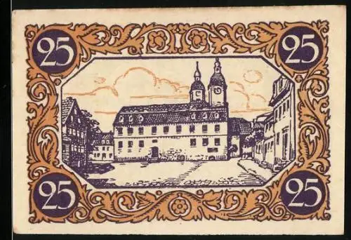 Notgeld Kindelbrück 1920, 25 Pfennig, Strassenpartie mit Rathaus, Kinder auf einer Brücke