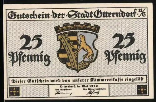 Notgeld Otterndorf 1920, 25 Pfennig, Wappen, Segelboote am Hafen