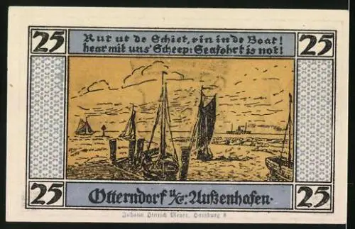 Notgeld Otterndorf 1920, 25 Pfennig, Wappen, Segelboote am Hafen
