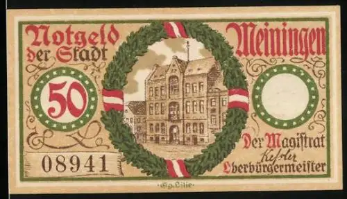 Notgeld Meiningen 1920, 50 Pfennig, Rathaus im Kranz, Wappen mit Burg