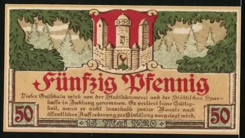 Notgeld Meiningen 1920, 50 Pfennig, Rathaus im Kranz, Wappen mit Burg