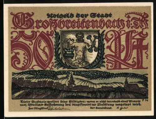 Notgeld Grossbreitenbach, 50 Pfennig, Wappen mit Handwerker über der Stadt, Kleinkunst und Spielwaren