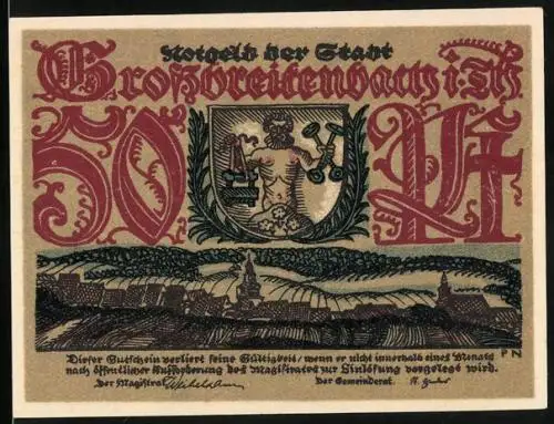 Notgeld Grossbreitenbach, 50 Pfennig, Wappen über der Stadt, Gläserei