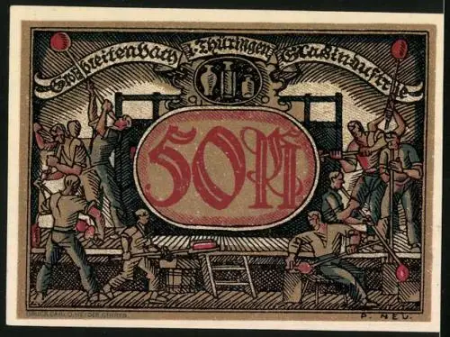 Notgeld Grossbreitenbach, 50 Pfennig, Wappen über der Stadt, Gläserei