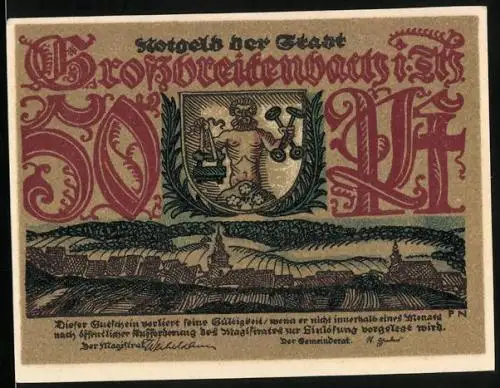 Notgeld Grossbreitenbach, 50 Pfennig, Ortsansicht, Porzelanindustrie