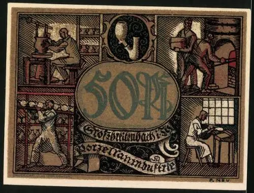 Notgeld Grossbreitenbach, 50 Pfennig, Ortsansicht, Porzelanindustrie