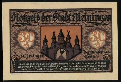 Notgeld Meiningen 1921, 30 Pfennig, Hahn im Burgtor