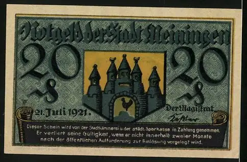 Notgeld Meiningen 1921, 20 Pfennig, Hahn in der Burg