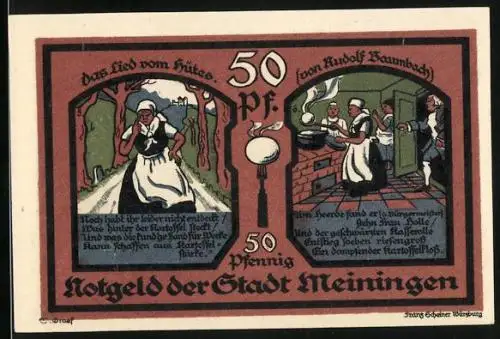 Notgeld Meiningen 1921, 50 Pfennig, Frau auf dem Weg zur Arbeit, am Kochen