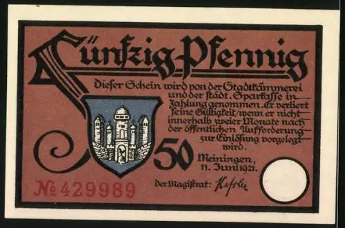 Notgeld Meiningen 1921, 50 Pfennig, Frau auf dem Weg zur Arbeit, am Kochen