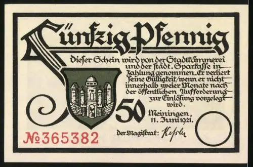 Notgeld Meiningen 1921, 50 Pfennig, Menschen jammern um den Wein