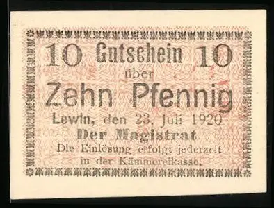 Notgeld Lewin 1920, 10 Pfennig, Der Magistrat