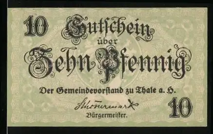 Notgeld Thale 1921, 10 Pfennig, Unterschrift vom Bürgermeister