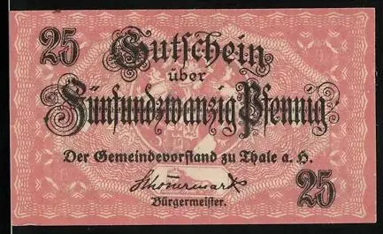 Notgeld Thale 1921, 25 Pfennig, Bürgermeister Unterschrift