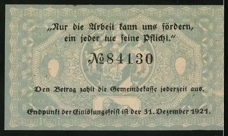 Notgeld Thale 1921, 50 Pfennig, Unterschrift des Bürgermeisters