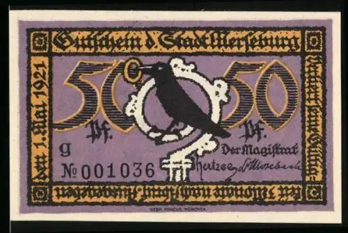 Notgeld Merseburg 1921, 50 Pfennig, Rabe, Haus Herzog Christian