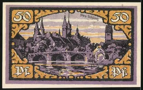 Notgeld Merseburg 1921, 50 Pfennig, Rabe, Schloss und Brücke