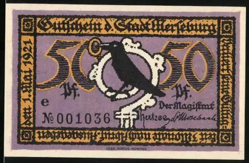 Notgeld Merseburg 1921, 50 Pfennig, Schlosshof, Rabe