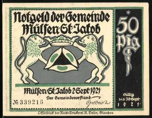 Notgeld Mülsen-St-Jakob 1921, 50 Pfennig, Löwen und Krone, Freunde beim Trinken