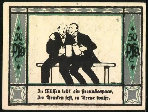 Notgeld Mülsen-St-Jakob 1921, 50 Pfennig, Löwen und Krone, Freunde beim Trinken