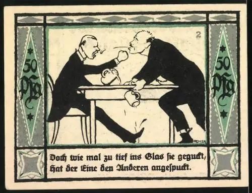 Notgeld Mülsen-St-Jakob 1921, 50 Pfennig, Löwen mit Krone, Streit beim Trinken