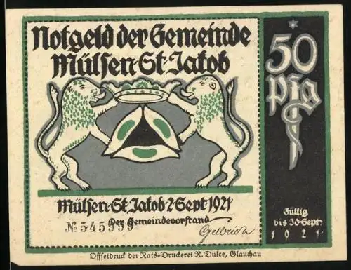 Notgeld Mülsen-St-Jakob 1921, 50 Pfennig, Von der Polizei geschnappt, Löwen und Krone