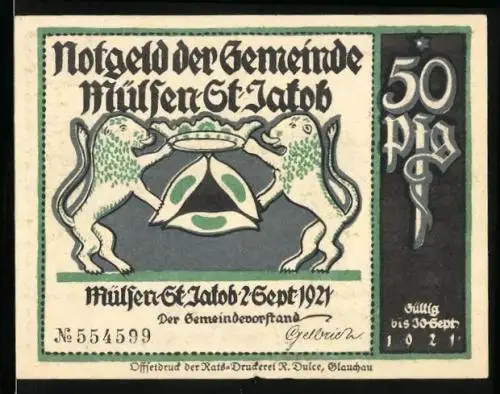 Notgeld Mülsen-St-Jakob 1921, 50 Pfennig, Löwen halten Krone, Strafe wird entschieden