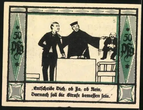 Notgeld Mülsen-St-Jakob 1921, 50 Pfennig, Löwen halten Krone, Strafe wird entschieden