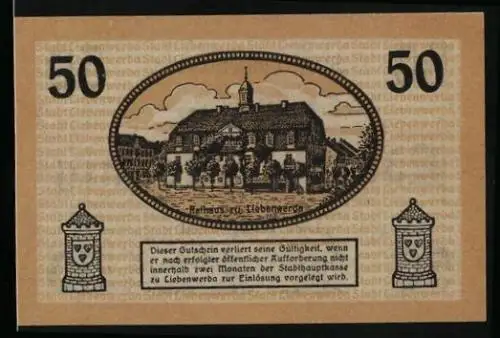 Notgeld Liebenwerda, 50 Pfennig, Am Rathaus, Burgtürme