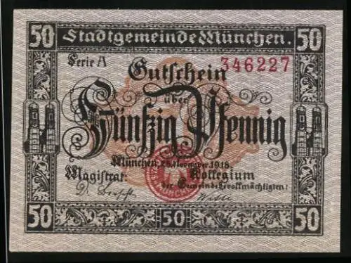 Notgeld München 1918, 50 Pfennig, Geistlicher vor dem schloss, Engel als Kämpfer