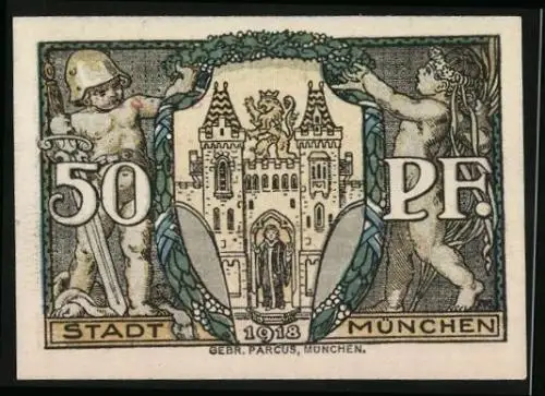 Notgeld München 1918, 50 Pfennig, Geistlicher vor dem schloss, Engel als Kämpfer