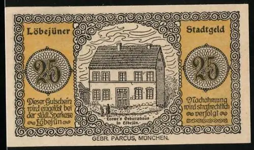 Notgeld Löbejün 1920, 25 Pfennig, Loewe`s Geburtshaus, Wappen mit Schlüsseln