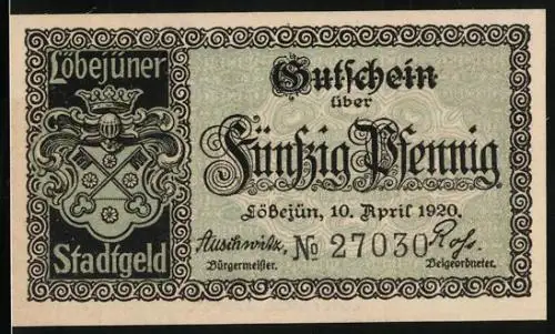 Notgeld Löbejün 1920, 50 Pfennig, Wappen, An Loewe`s Geburtshaus