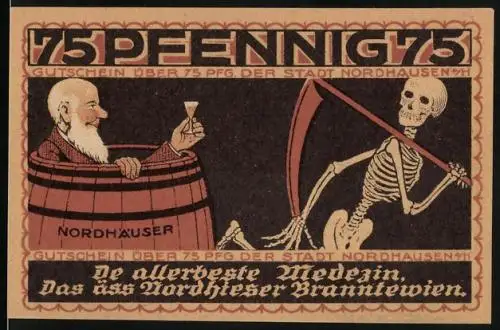 Notgeld Nordhausen 1921, 75 Pfennig, Tod läuft vor Mann im Fass weg, Wappen