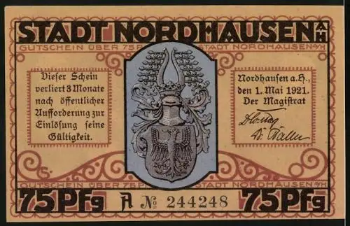 Notgeld Nordhausen 1921, 75 Pfennig, Tod läuft vor Mann im Fass weg, Wappen