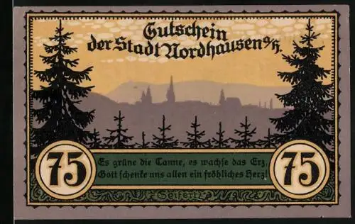 Notgeld Nordhausen 1921, 75 Pfennig, Blick in den Tannenwald, Wilder Mann