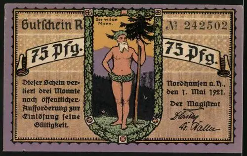 Notgeld Nordhausen 1921, 75 Pfennig, Blick in den Tannenwald, Wilder Mann