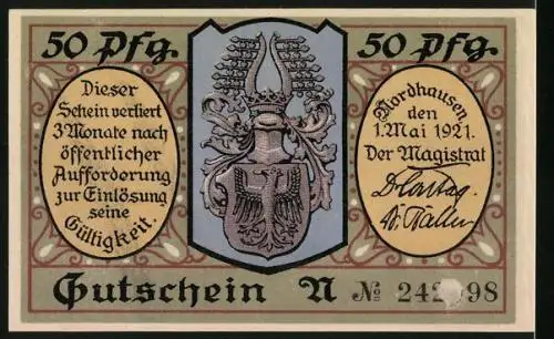 Notgeld Nordhausen 1921, 50 Pfennig, Mann am Schnitzen, Wappen