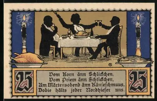 Notgeld Nordhausen 1921, 25 Pfennig, Herren beim Speisen, Wappen