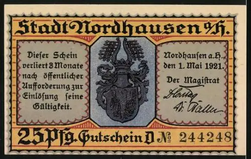 Notgeld Nordhausen 1921, 25 Pfennig, Herren beim Speisen, Wappen