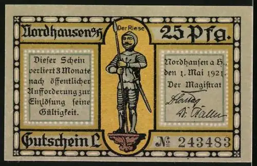 Notgeld Nordhausen 1921, 25 Pfennig, Alte Stadtbefestigung am Primariusgraben, der Riese
