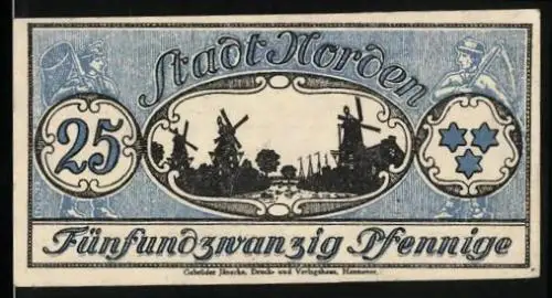 Notgeld Norden 1921, 25 Pfennig, Blick auf Mühlen