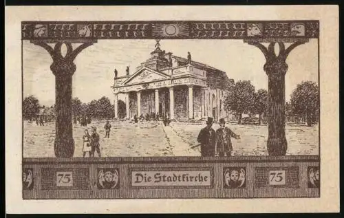 Notgeld Ludwigslust 1922, 75 Pfennig, Stadtkirche, steinerne Brücke im Schlosspark