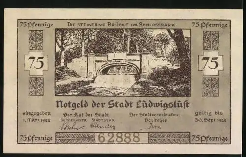 Notgeld Ludwigslust 1922, 75 Pfennig, Stadtkirche, steinerne Brücke im Schlosspark