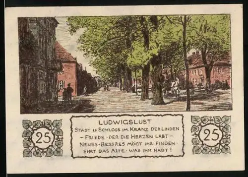 Notgeld Ludwigslust 1922, 25 Pfennig, Stadt u. Schloss im Kranz der Linden