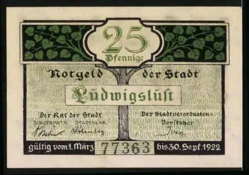 Notgeld Ludwigslust 1922, 25 Pfennig, Stadt u. Schloss im Kranz der Linden