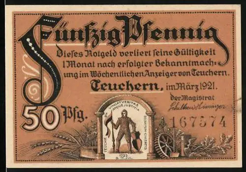Notgeld Teuchern 1921, 50 Pfennig, Ritter in Rüstung, Uhrgläserwerke