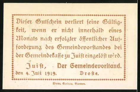 Notgeld Juist 1919, 25 Pfennig, Seelöwe auf einem Felsen